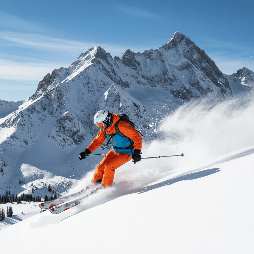 Male skier expertly carving down a snowy mountain slope with scenic peaks in the background