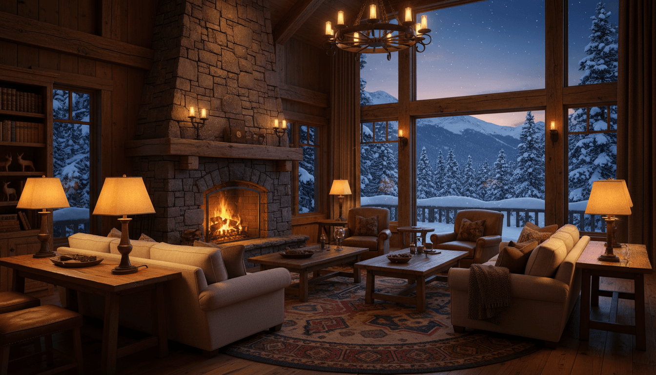 Mountain lodge interior with warm lighting and snowy view through windows