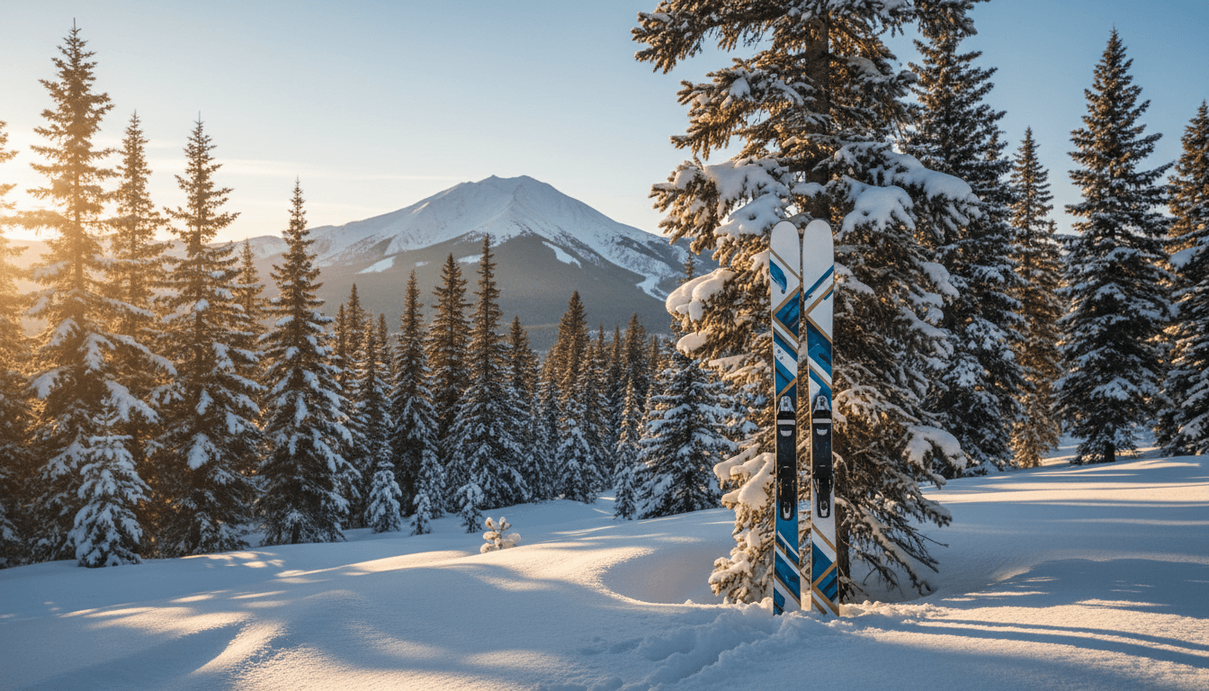 Custom skis leaning against a pine tree in fresh snow at a Colorado resort during golden hour