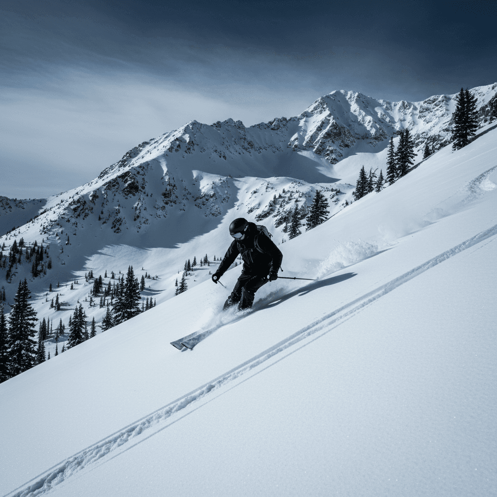 Skier carving a turn in a Colorado backcountry bowl with mountain views