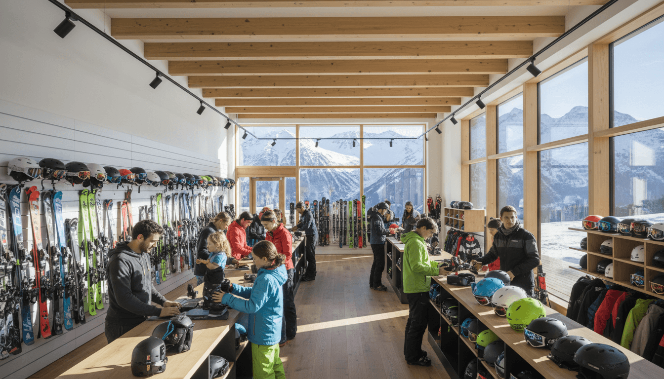Overhead view of ski gear arranged on a wooden deck in a commercial style
