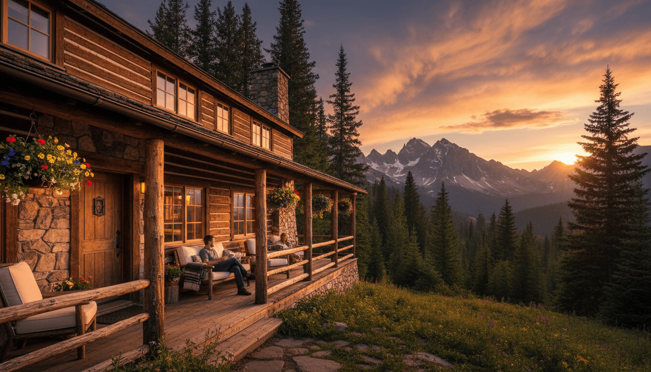 Ski resort lodge at dusk with warm lights glowing in the windows and a single set of tracks leading down the slope