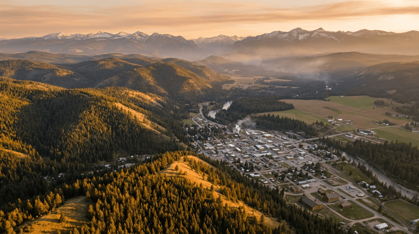 Empty ski lift at golden hour against distant mountain peaks