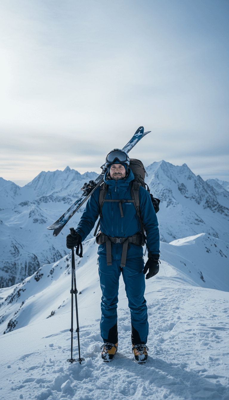 Confident backcountry guide in technical winter gear standing on snow ridge with mountain peaks behind