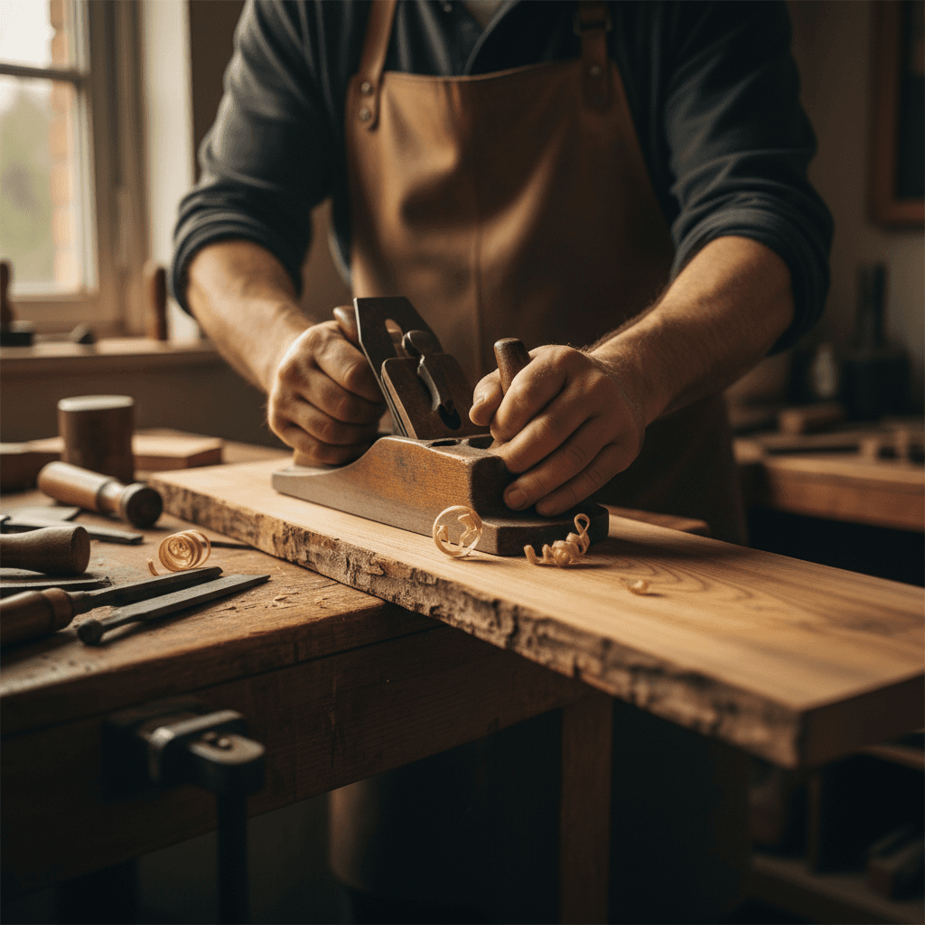 Hand adjusting a ski binding on a workbench with tools nearby