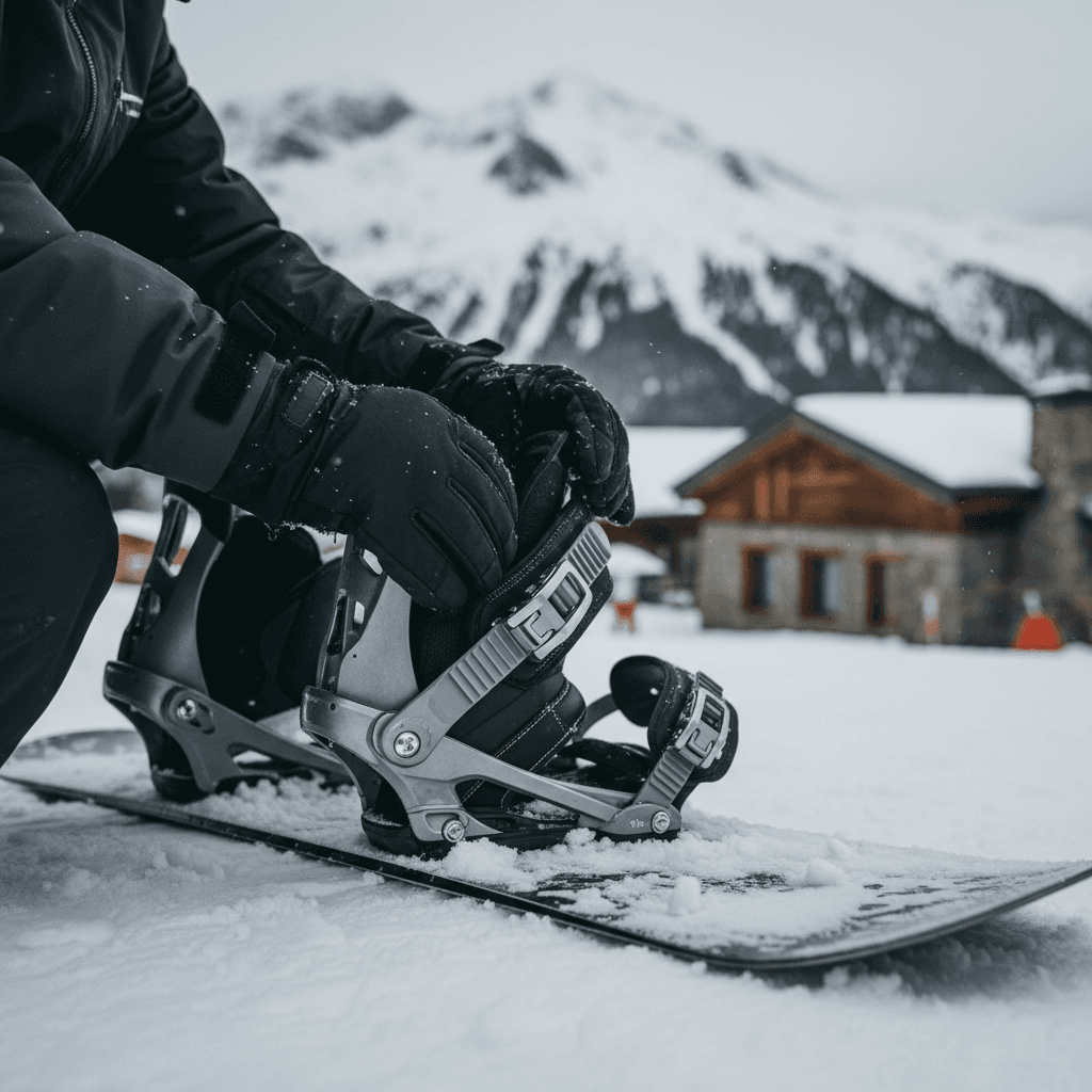 A person clipping a ski boot into a binding at the base of a ski resort in the early morning